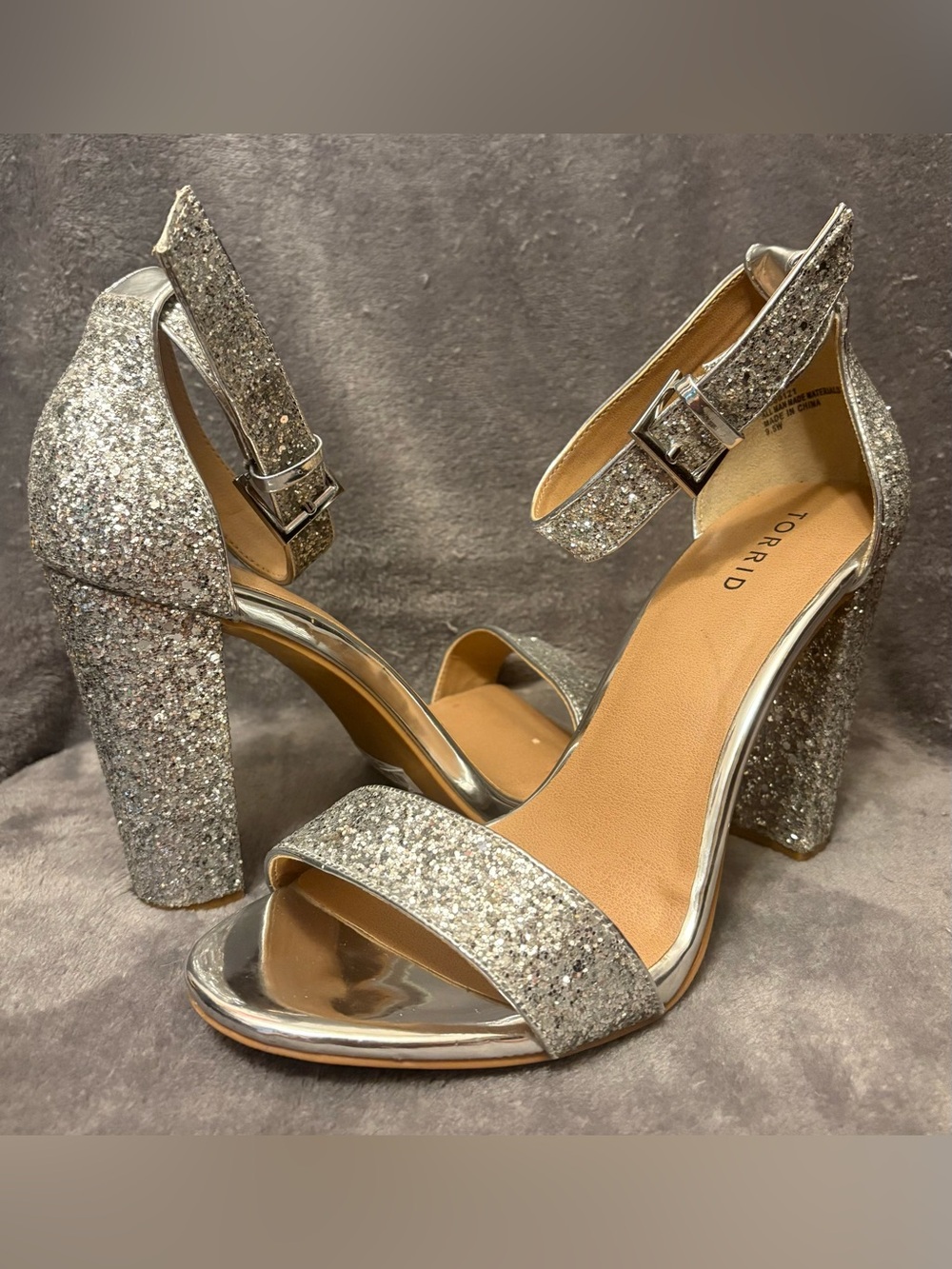 Torrid Silver Glitter Block Heel Ankle Strap Sandals 9.5W